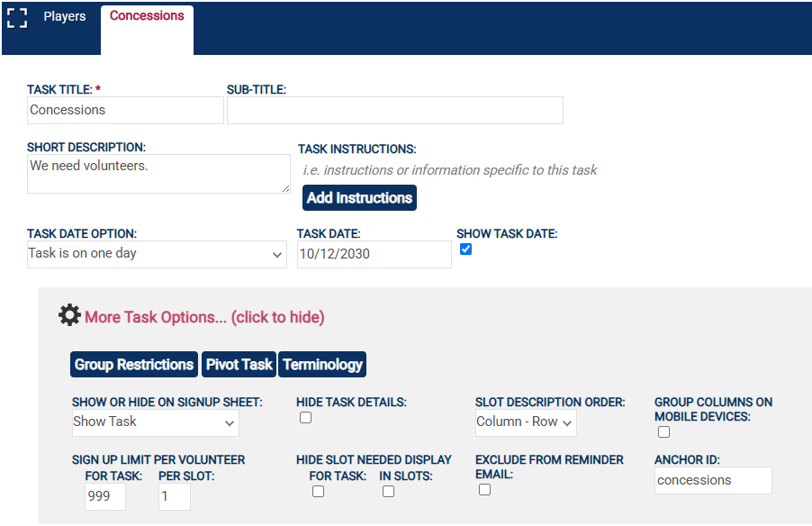 screenshot of More Task Options for a specific Task area in a sign up - the anchor ID field is filled with 'concessions'