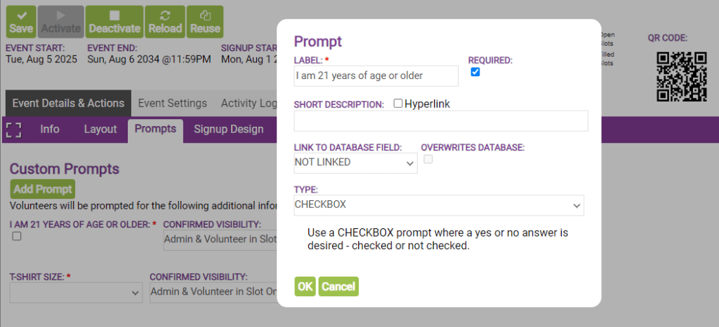 screenshot of ivolunteer.com custom prompt creation for volunteers showing checkbox setting with label: 'I am 21 years of age or older.'