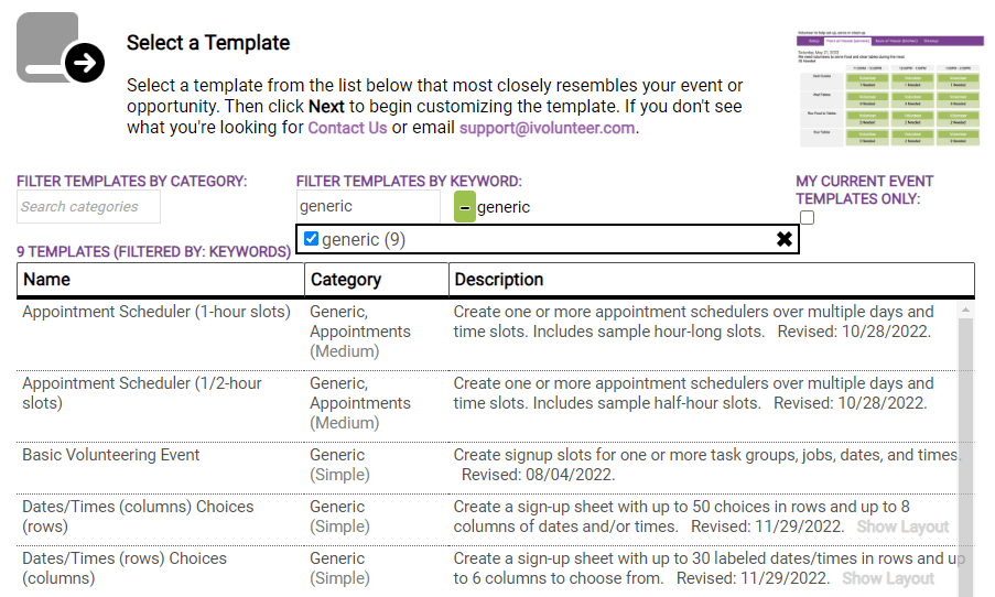 screenshot of ivolunteer.com New Event Wizard template selection step with filter to show generic online volunteer scheduling templates