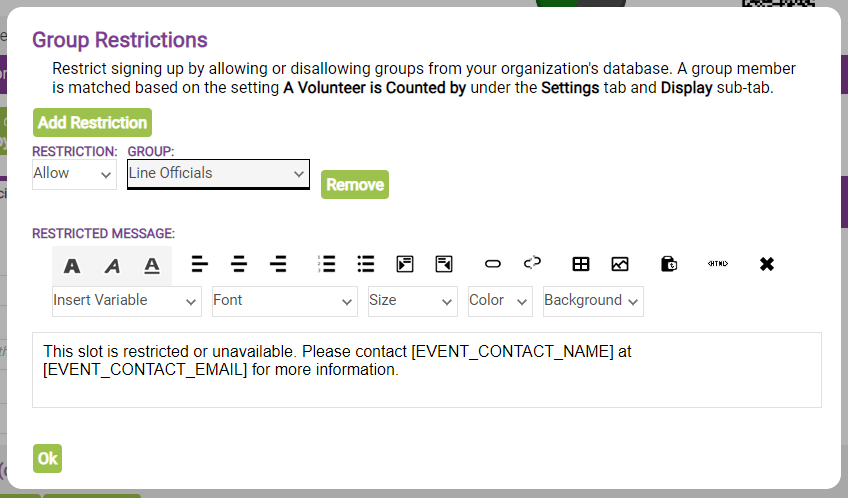 screenshot of group restrictions options for volunteer sign up