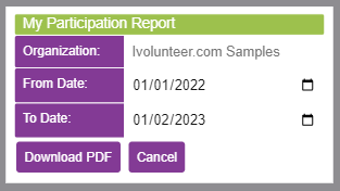 settings for My Participation report in My Commitments portal of ivolunteer.com