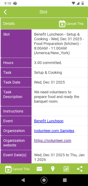 signup slot detail from ivolunteer.com My Commitments portal