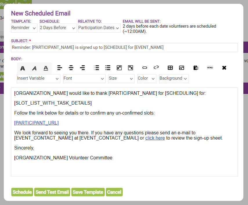 screenshot of settings for ivolunteer.com reminder email to remind volunteers of their slot details