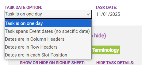 task date option dropdown list and task date field