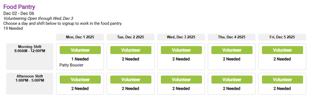 desktop view: food pantry weekly sign up sheet