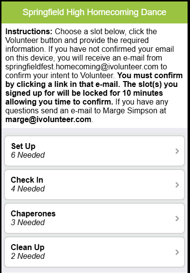 mobile view: homecoming sign up tasks